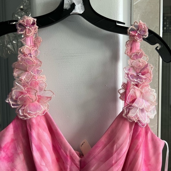 MARCHESA NOTTE Pleated Tiered Tulle Gown with 3D Flowers Blush Pink - Picture 8 of 12